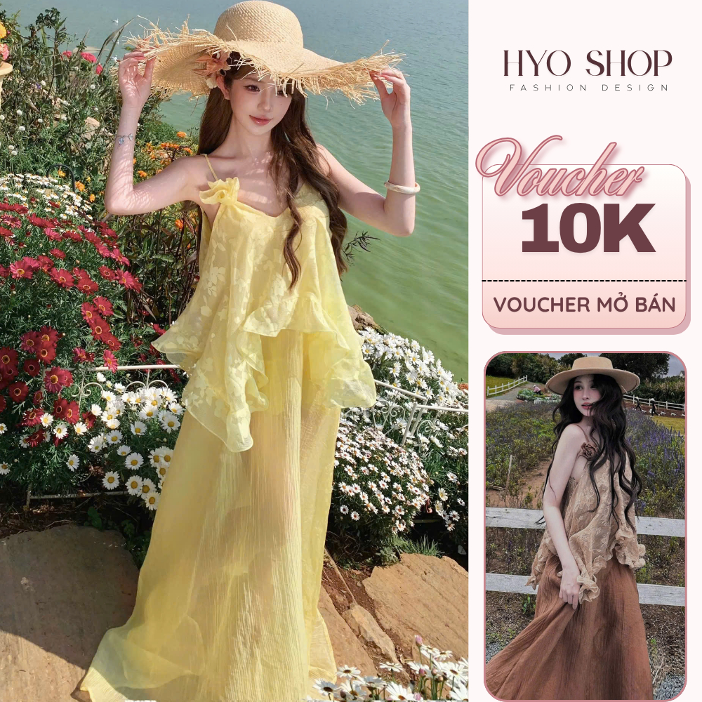 Váy nữ 2 dây chất tơ đính hoa maxi dáng dài đi biển du lịch - HYO SHOP