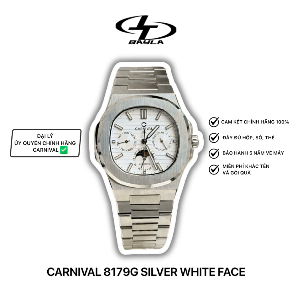 ĐỒNG HỒ NAM CARNIVAL 8179G SILVER WHITE FACE DÂY THÉP KÍNH SAPPHIRE BAYLA WATCH
