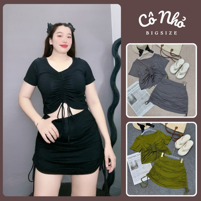 Bộ đi biển Bigsize Cô Nhỏ chất thun cotton rút dây giữa  váy có quần bên trong cho chuppy  dáng áo croptop SET28