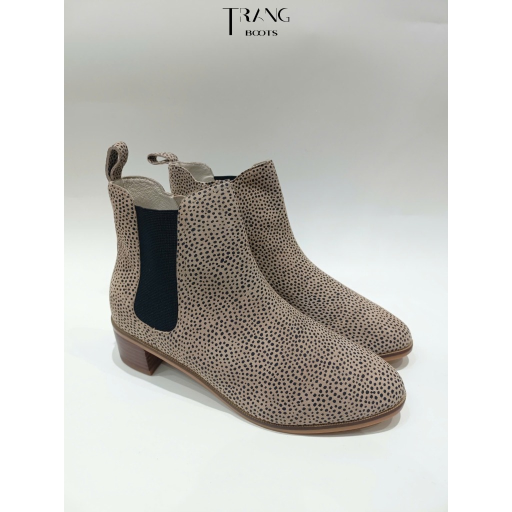 BOOT CHELSEA NỮ CỔ THẤP DA CHẤM BI GÓT THẤP 3CM PHONG CÁCH THANH LỊCH