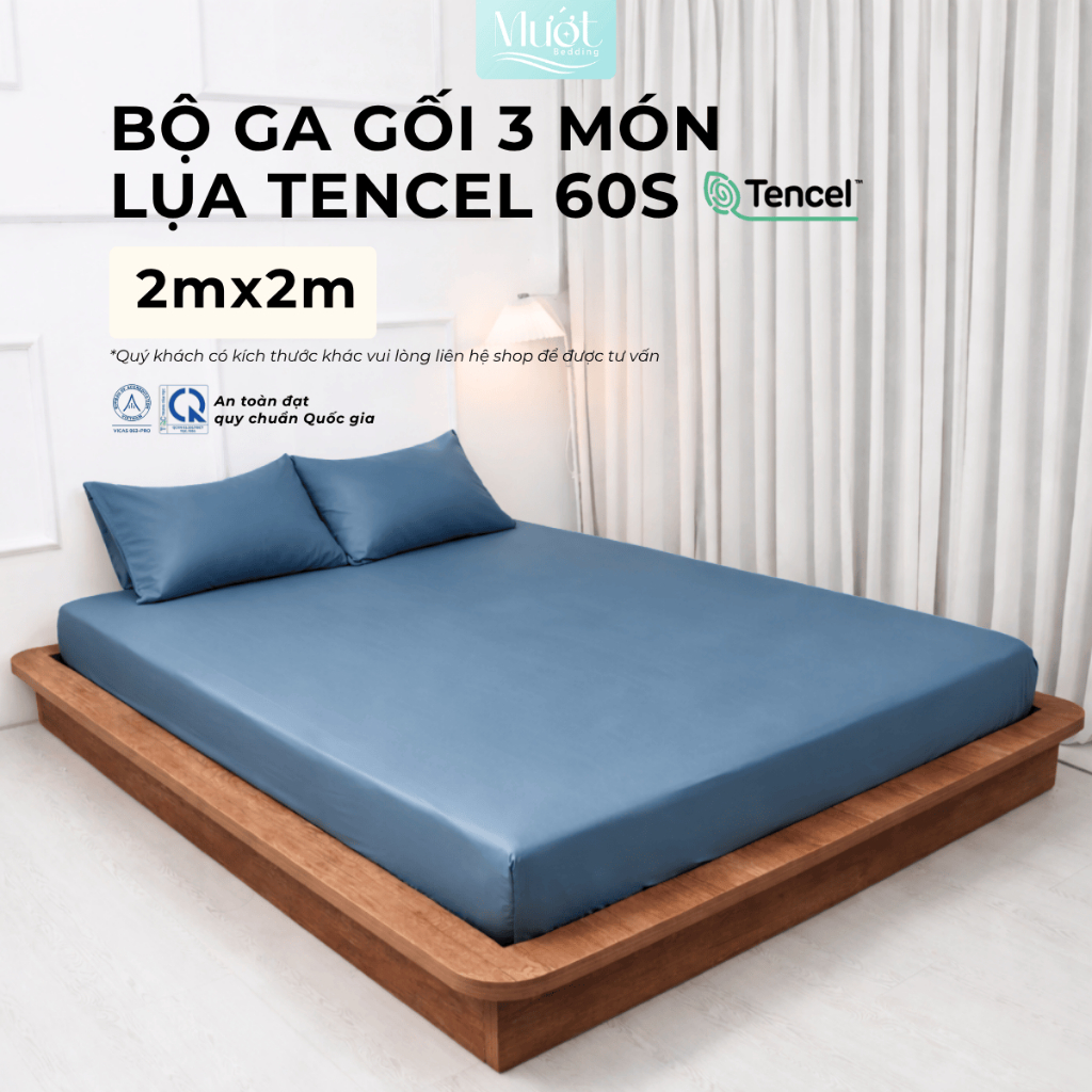Bộ ga gối 3 món nệm kích thước 2mx2m Lụa Tencel 60s Mướt Bedding cao cấp trơn màu, 2 vỏ gối nằm, 1 g