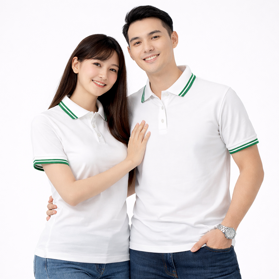 Áo Polo Trắng Phối Bo 2 Sọc Xanh Lá ANDROMEDA Form Xuông Unisex Vải Cá Sấu Co Giãn Đồng Phục Nam Nữ | BigBuy360 - bigbuy360.vn