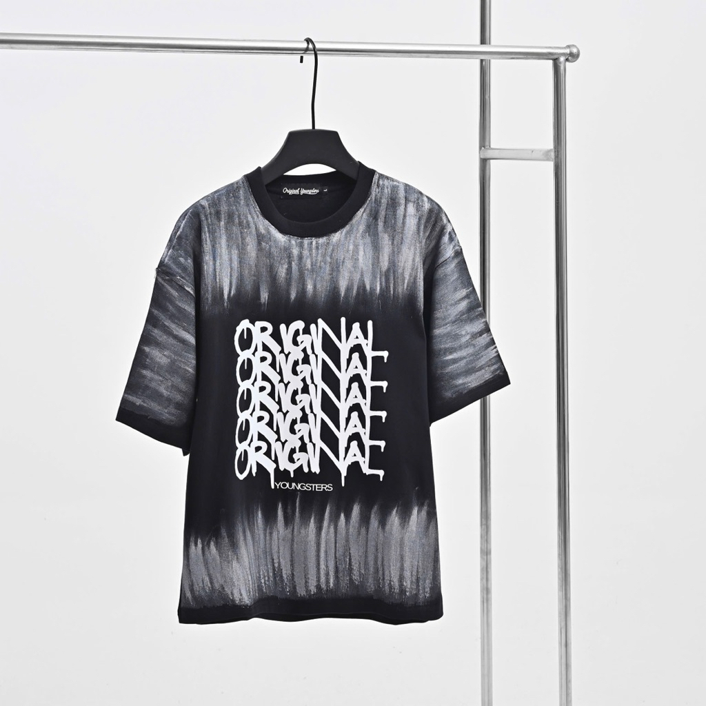 Áo Thun Ngắn Tay Cổ Tròn Original Youngsters Chất Liệu Cotton Màu Đen Quét Nhũ Bạc In Logo Original 