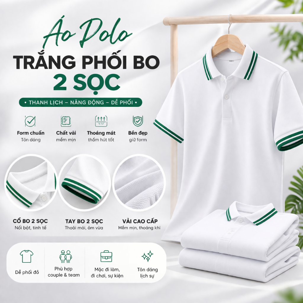 Áo Polo Trắng Phối Bo 2 Sọc Xanh Lá ANDROMEDA Form Xuông Unisex Vải Cá Sấu Co Giãn Đồng Phục Nam Nữ | BigBuy360 - bigbuy360.vn