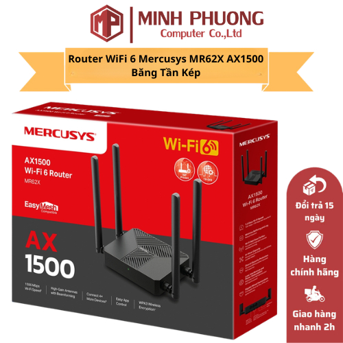 Router WiFi 6 Mercusys MR62X AX1500 Băng Tần Kép - Tốc Độ 1.5Gbps, Cổng Gigabit, Hỗ Trợ EasyMesh