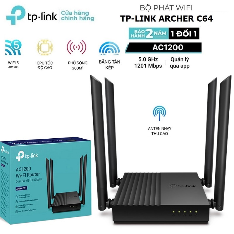 Bộ Phát Wifi TPLink Archer C64/C54/C6 Băng Tần Kép Chuẩn AC1200 - Bảo Hành Chính Hãng 24 Tháng