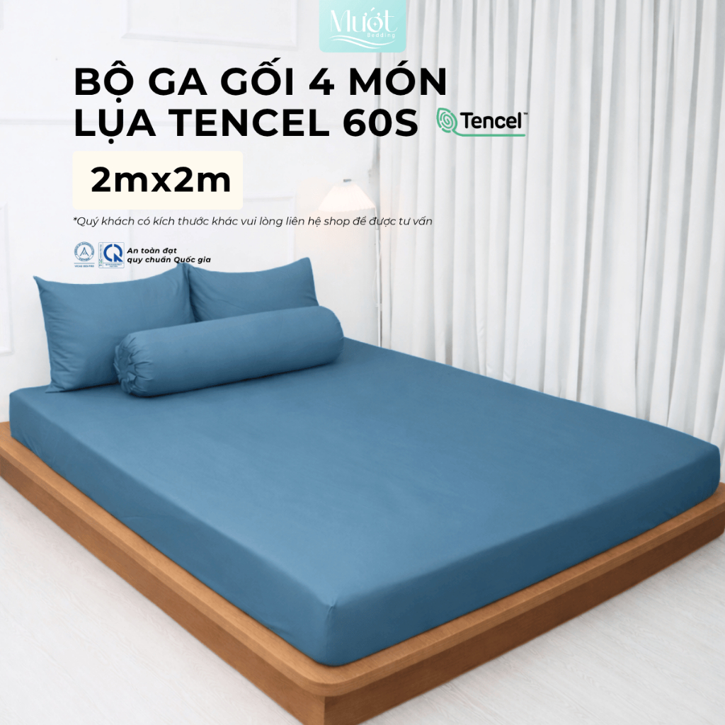 Bộ ga gối 4 món nệm kích thước 2mx2m Lụa Tencel 60s Mướt Bedding cao cấp trơn màu