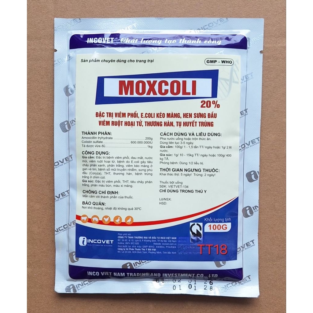 MOXCOLI 100g Hỗ trợ ngăn ngừa viêm ruột,tiêu chảy,thương hàn tụ huyết trùng,viêm phổi trên gia súc g