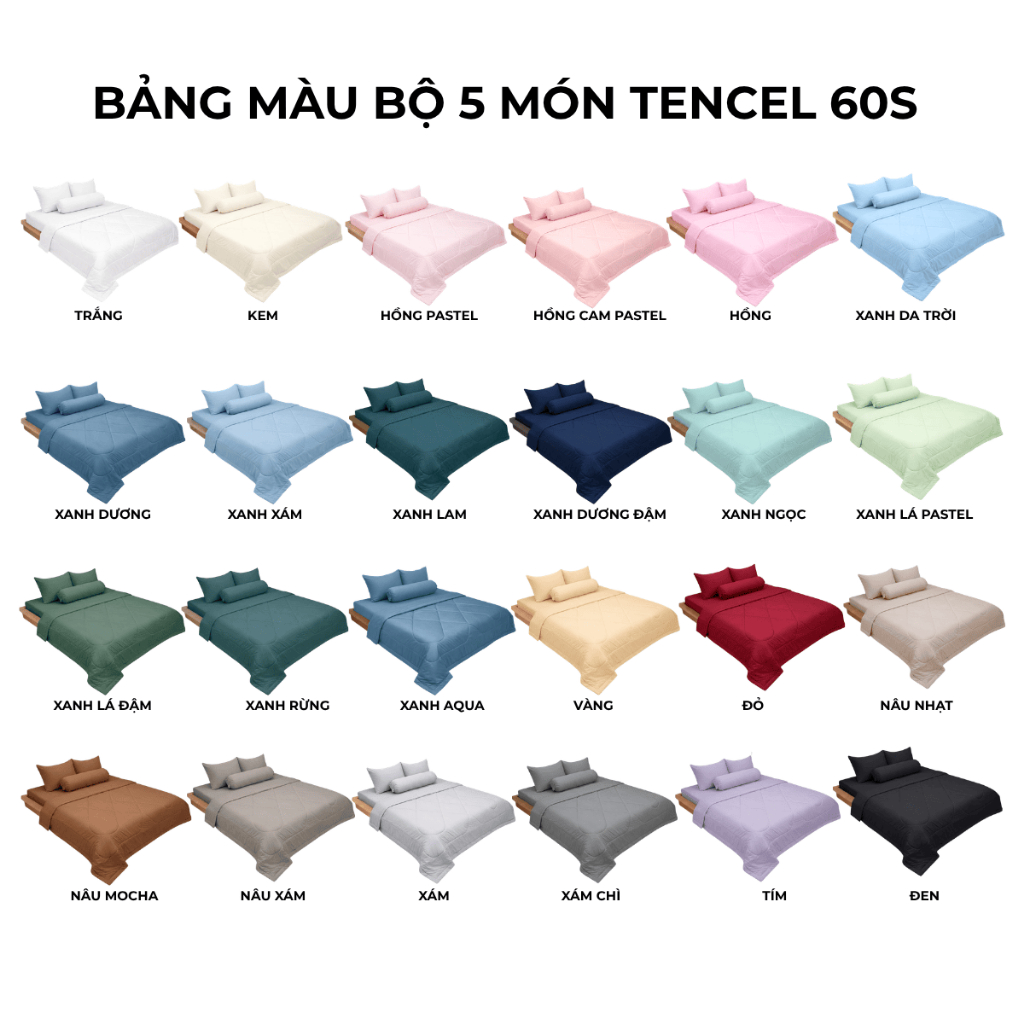 Bộ chăn ga gối 5 món nệm kích thước 1m6x2m, 1m8x2m, 2mx2m, 2m2x2m (Dày 5-12cm) Lụa Tencel 60s Mướt Bedding cao cấp | BigBuy360 - bigbuy360.vn