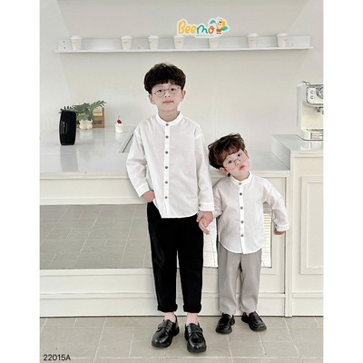 Áo sơ mi cho bé trai dài tay Beemo trơn cổ tàu cho bé đi học, đi chơi từ 1 đến 6 tuổi 22015A