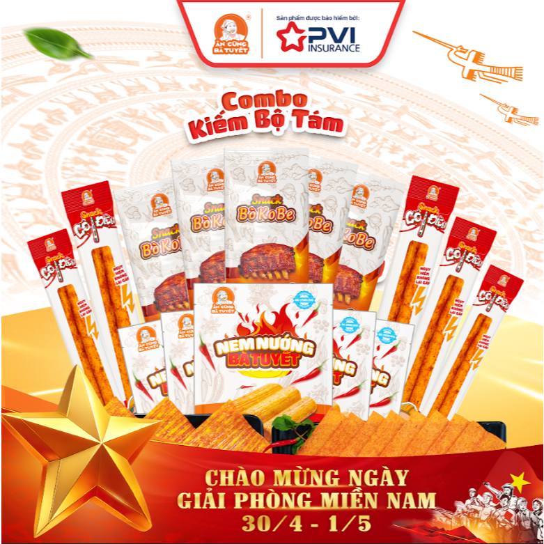 Combo: KIẾM BỘ TÁM gồm: 5 Snack cột điện + 5 Snack Bò Kobe + 5 Nem Nướng - ĂN CÙNG BÀ TUYẾT M6