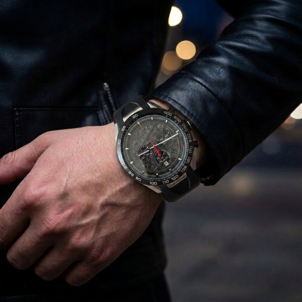 Đồng Hồ Nam Skeleton Quarzt Chronograph Dây Cao Su, Size 44mm (1993watch)