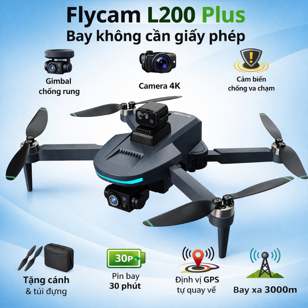 Drone Flycam L200 plus, Bay không cần giấy phép,gimbal,cảm biến tránh va chạm, camera 4K,Định Vị GPS