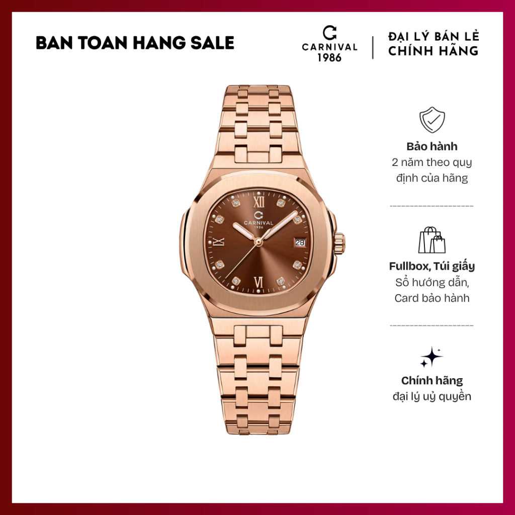 Đồng hồ Nữ Carnival 8160L-VH-N, mặt Nâu Chocolate size 34mm, dây thép không gì Rose Gold, chống nước