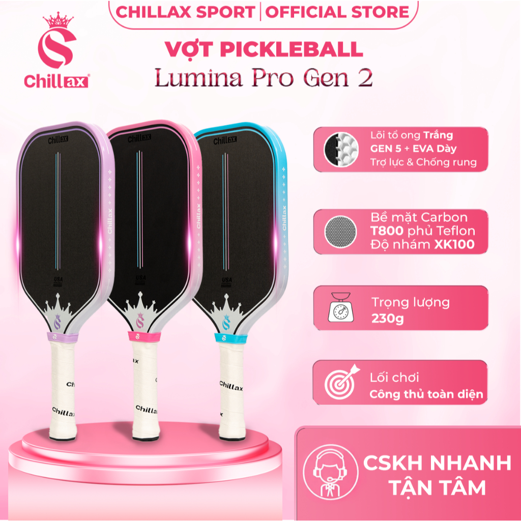 [Chính Hãng] Vợt Pickleball Chillax Lumina Pro - Carbon Toray T800 Phủ Teflon K100, Lõi Full Foam Ép