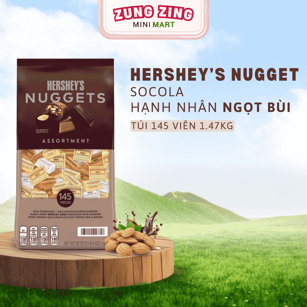 [DATE 9/26 RÁCH VỎ NHẸ] Kẹo Socola HERSHEY'S NUGGET Assorment Socola Hạnh Nhân Túi 145 Viên - 1.47KG