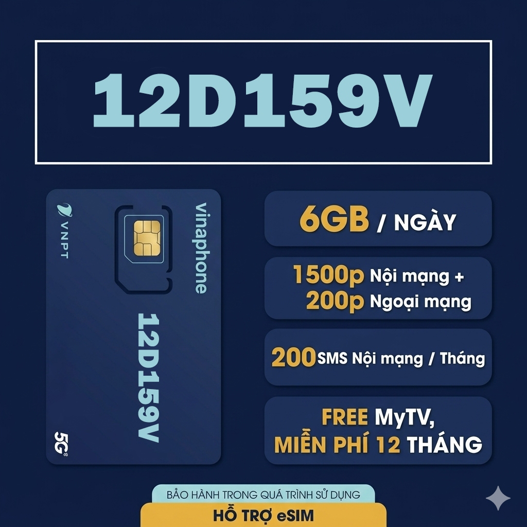 Sim Vinaphone 12D159V - 6GB/ngày, 1500p nội mạng, 200p ngoại mạng, 200 sms, lắp dùng luôn 12 tháng.