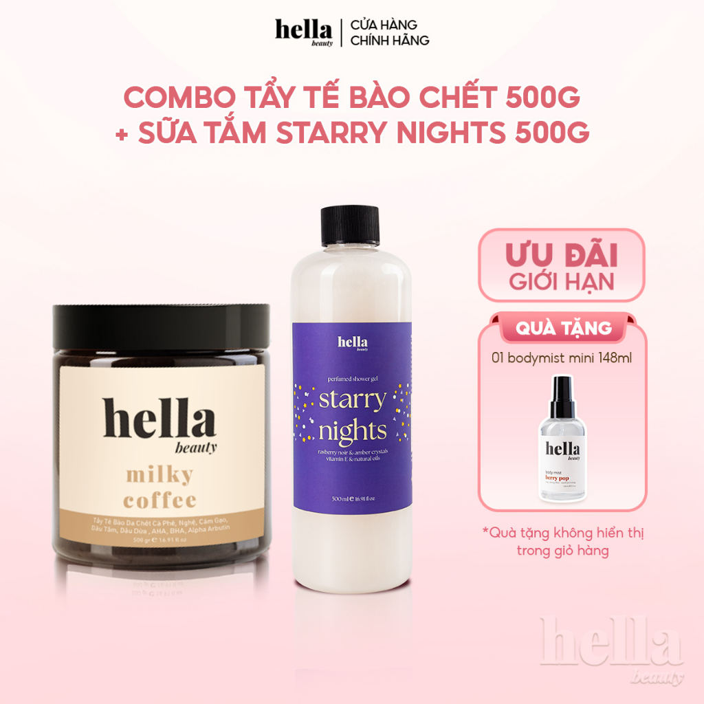 Combo tẩy tế bào chết cho body Hella Beauty + Sữa tắm dưỡng ẩm mịn sạch sâu cho da Hella Beauty
