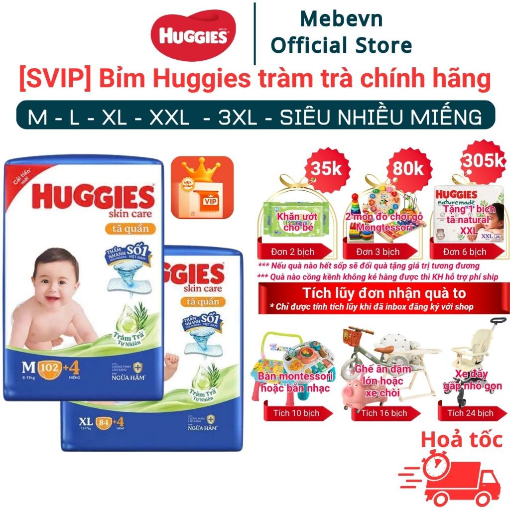 [SVIP] Bỉm Huggies Tràm Trà Chính Hãng, Huggies tràm trà siêu nhiều miếng đủ size M/L/XL/XL/XXL/XXXL