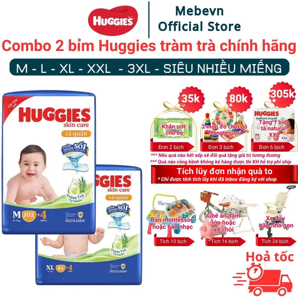 Combo 2 bỉm Huggies tràm trà chính hãng, Huggies tràm trà siêu nhiều miếng size M/L/XL/XL/XXL/XXXL