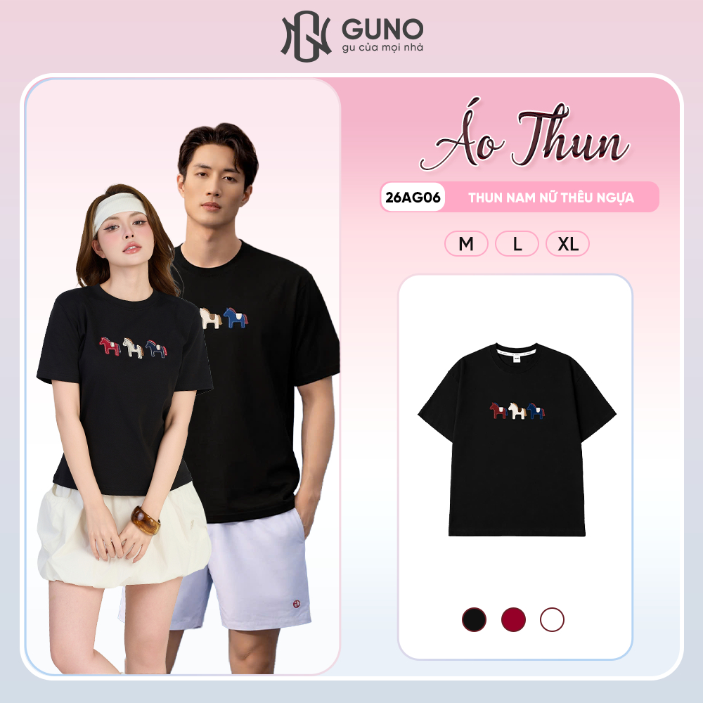 Áo Thun Nam Nữ Thêu Ngựa GUNO Cao Cấp Trơn Màu Cotton Co Dãn 4 Chiều Thoáng Mát SP5 26AG06/AB11 | BigBuy360 - bigbuy360.vn