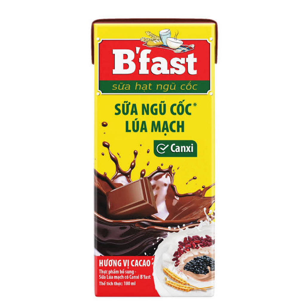 Combo 2 lốc sữa hạt ngũ cốc lúa mạch vị cacao Bfast 180ml