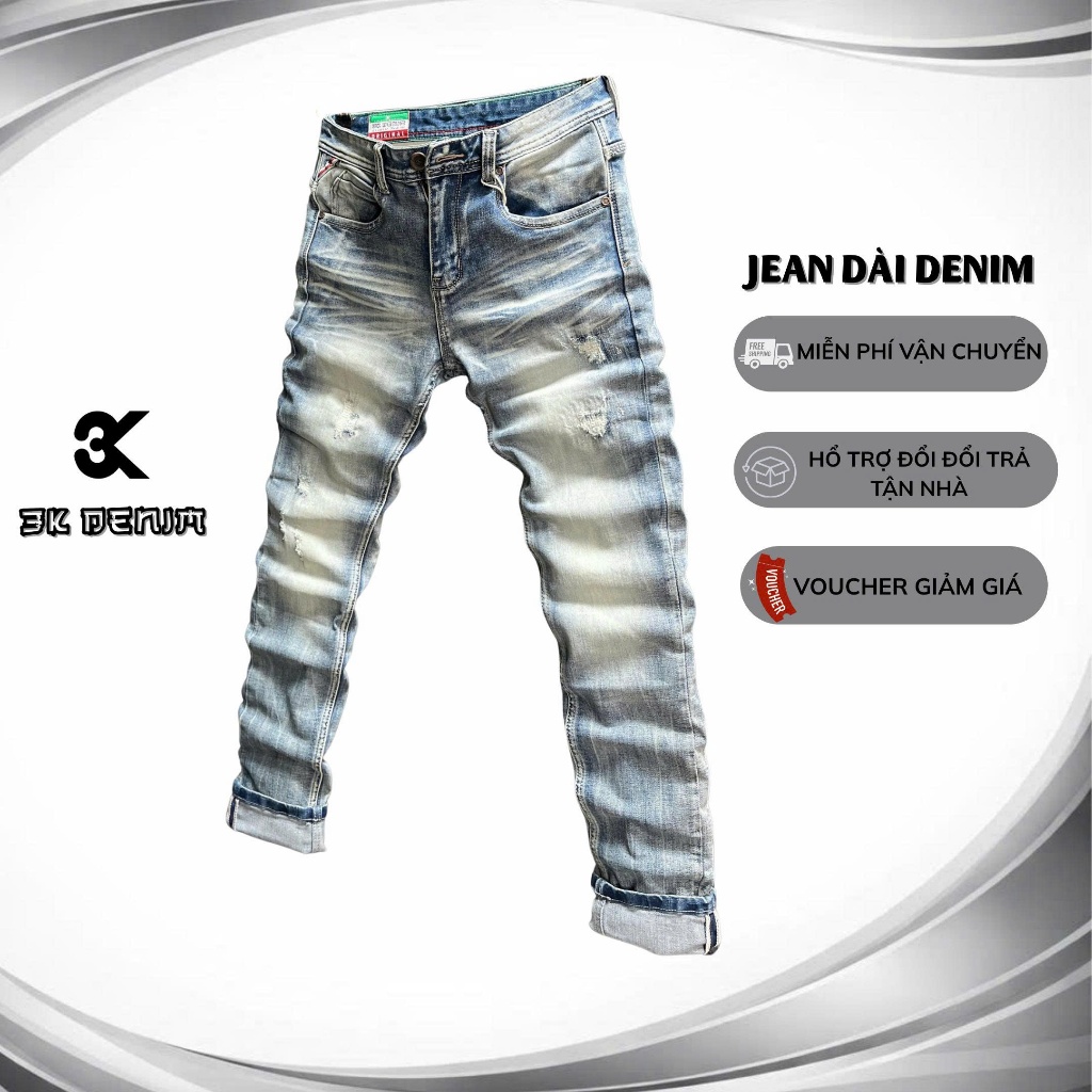 [3K DENIM] Quần Jean Denim Guangzhou J4130-3K-M19 Màu Xanh Bạc Thêu Túi Rách Nhẹ Chất Denim Co Gĩan