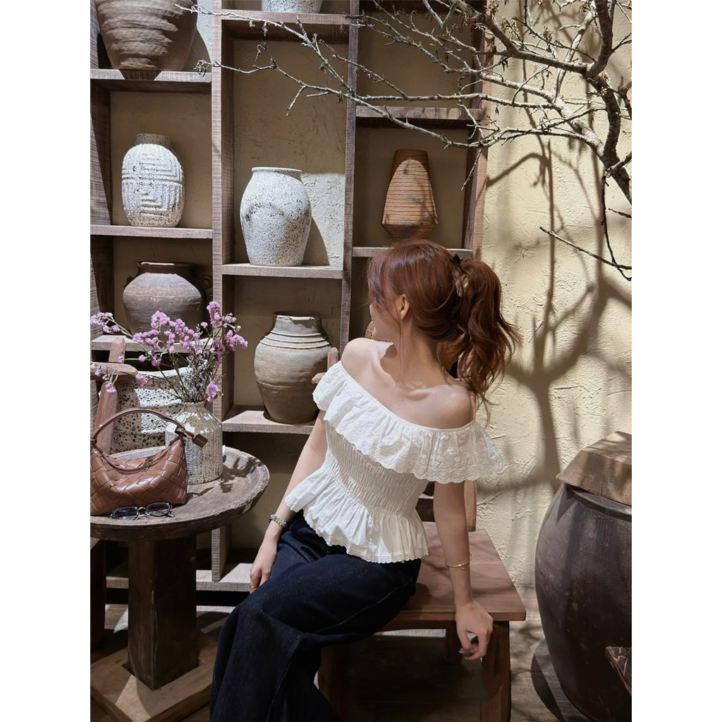 Áo trễ vai thô viền ren hoa nổi bo chun dáng xoè nhẹ BEOLA TOP, áo trễ vai nữ
