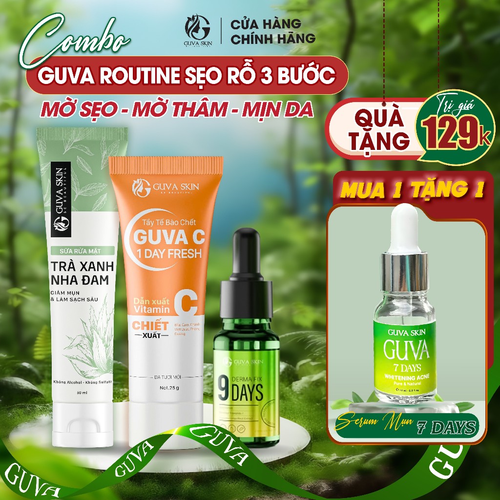 MUA 1 - TẶNG 1 SERUM MỤN 7 DAYS - COMBO GUVA ROUTINE SẸO RỖ |Sữa Rửa Mặt  + Tẩy Tế Bào Chết + Serum 