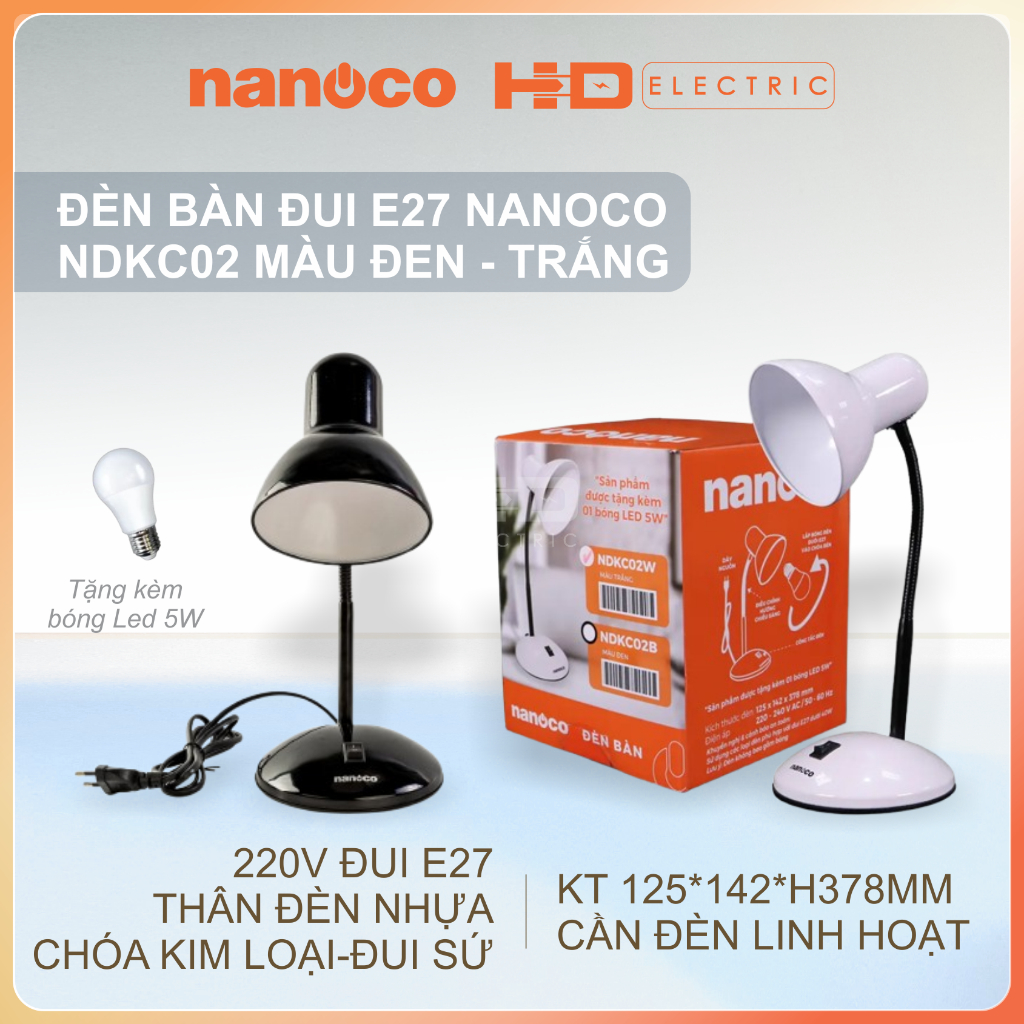 Đèn bàn đui E27 Nanoco NDKC02 màu Đen Trắng chóa kim loại đui sứ kèm bóng LED E27 5W