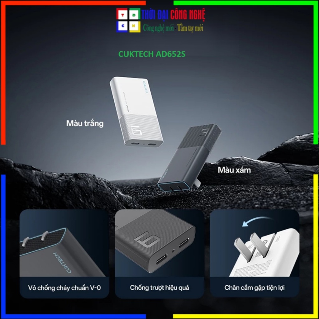 Củ Sạc GaN CUKTECH AD652S 65W 2 Cổng Type-C Siêu Nhỏ Gọn - Sạc Nhanh Laptop Smartphone - Bảo Hành 18