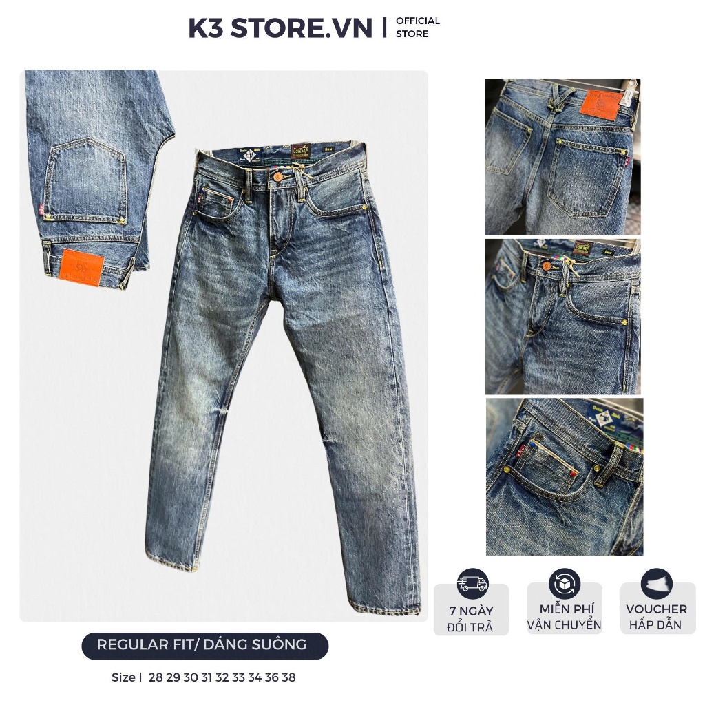 [K3 STORE VN]Jean SELVEDGE DENIM 5KM J3880-8025 Màu Xanh Was Chất Denim Không Co Gĩan