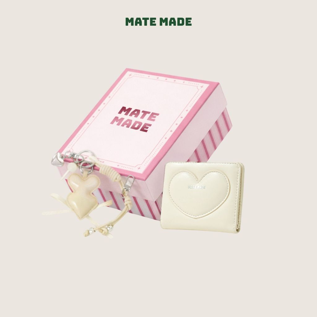 Set Quà Tặng MATE MADE Ví Hearty Kèm Charm, Hộp Quà Hồng Kẻ Trắng - Tặng Bạn Thân, Bạn Gái