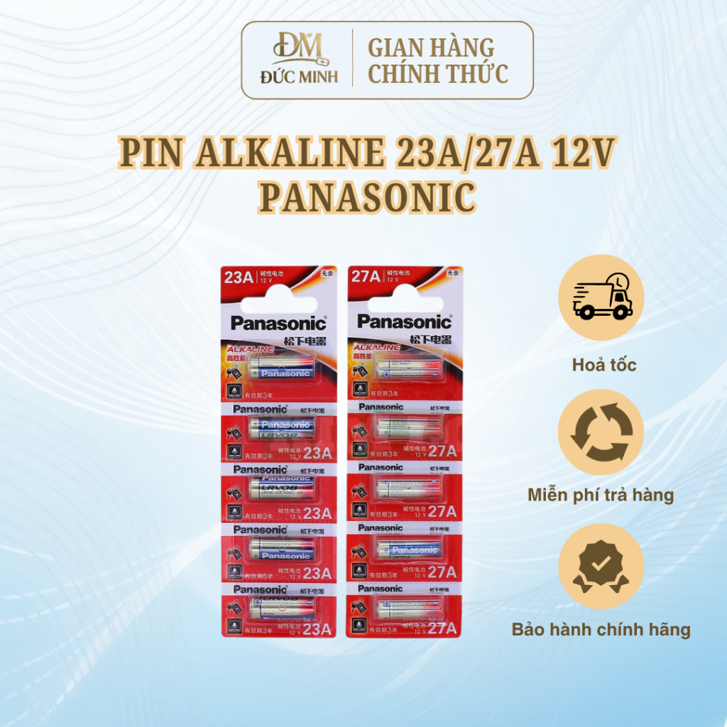 Pin alkaline 23A/27A 12V Panasonic cho điều khiển cửa cuốn, chìa khóa điện và chuông cửa.