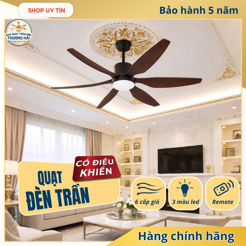 [Có Chốt An Toàn - Động Cơ Lõi Đồng] Quạt Trần Đèn , 6 Cánh KP508 , 6 Cấp Độ Gió, ĐK Từ Xa