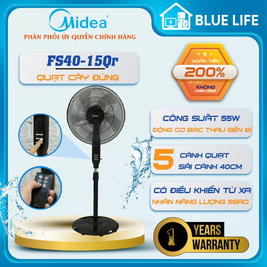 Quạt Đứng Midea FS40-15QR, Điều Khiển Từ Xa, 5 Cánh 40cm, Động Cơ Bạc Thau, Hàng Chính Hãng