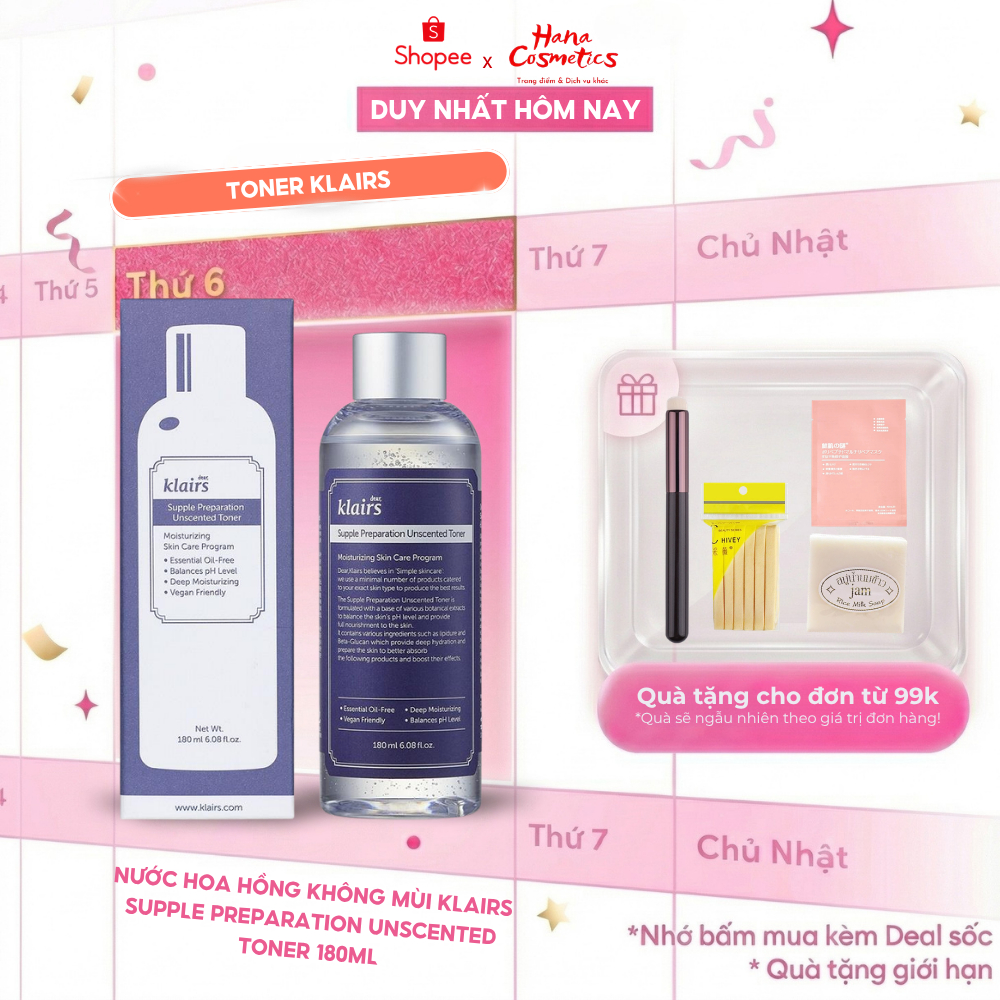 Toner Klairs Supple Preparation Unscented 180ml, Không mùi, dưỡng ẩm và làm mềm da