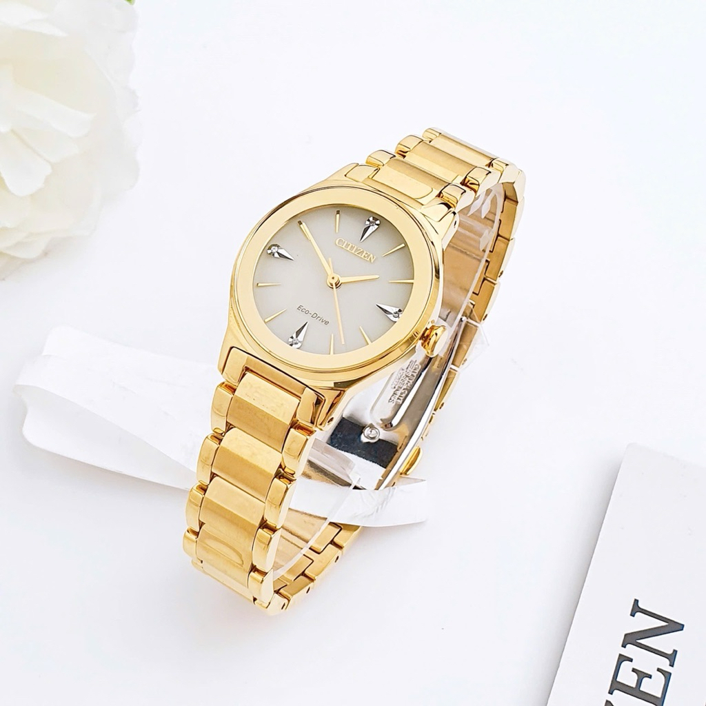 Đồng Hồ Nữ Citizen Axiom EM0732-51P Eco-Drive Size 28 Gold Tone