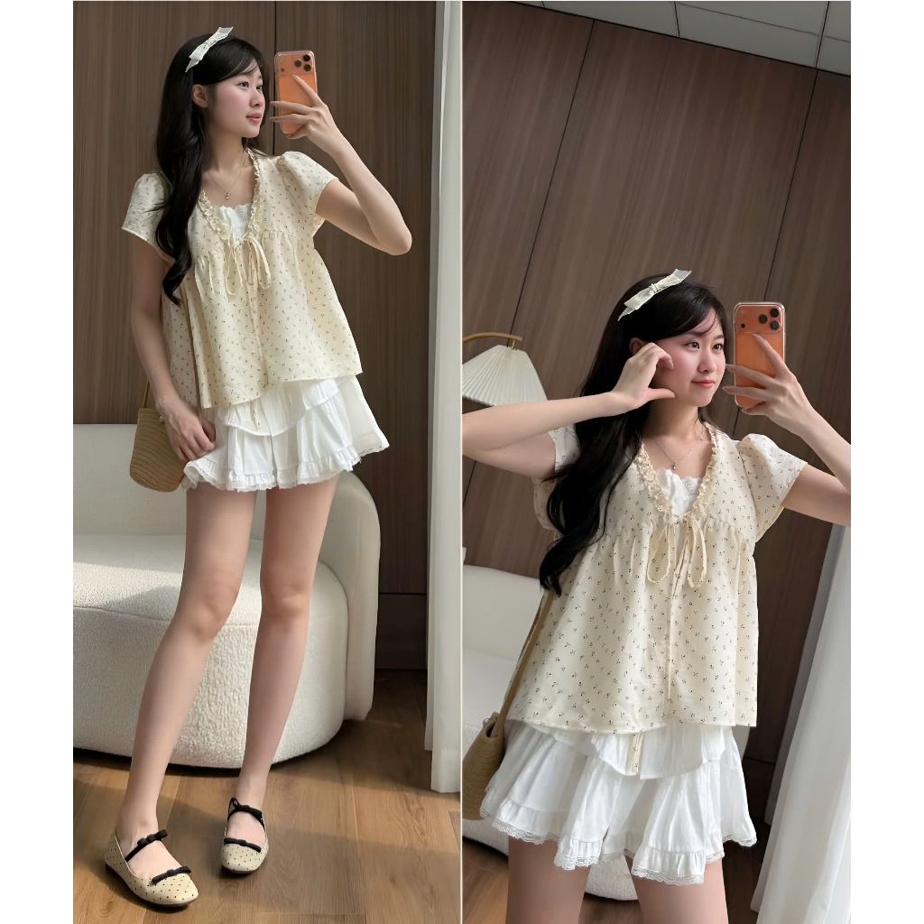 Áo 2 lớp HOA NHÍ viền bèo cộc tay có nơ ngực họa tiết phối ren Áo Kiểu Nữ Bigsize có size tới 100kg Huyền Lucy Bigsize | BigBuy360 - bigbuy360.vn