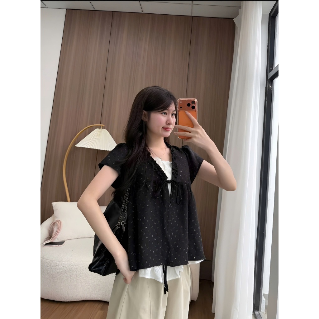 Áo 2 lớp HOA NHÍ viền bèo cộc tay có nơ ngực họa tiết phối ren Áo Kiểu Nữ Bigsize có size tới 100kg Huyền Lucy Bigsize | BigBuy360 - bigbuy360.vn