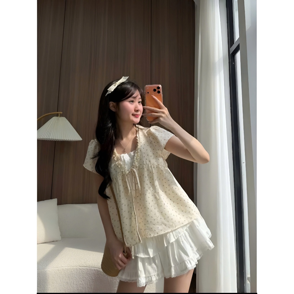 Áo 2 lớp HOA NHÍ viền bèo cộc tay có nơ ngực họa tiết phối ren Áo Kiểu Nữ Bigsize có size tới 100kg Huyền Lucy Bigsize | BigBuy360 - bigbuy360.vn