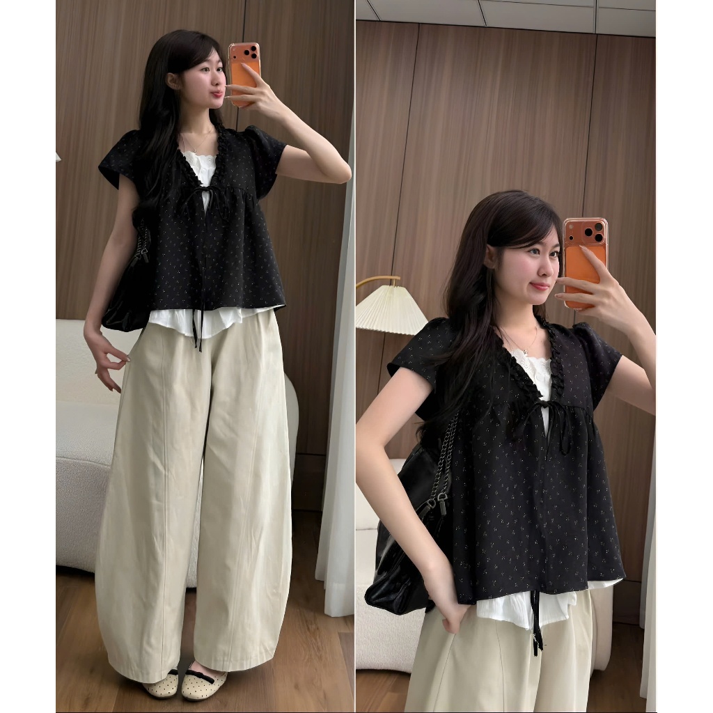 Áo 2 lớp HOA NHÍ viền bèo cộc tay có nơ ngực họa tiết phối ren Áo Kiểu Nữ Bigsize có size tới 100kg Huyền Lucy Bigsize | BigBuy360 - bigbuy360.vn