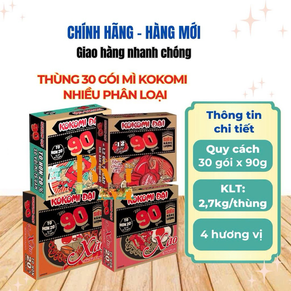 Thùng 30 Gói Mì KoKoMi Đại Gói 90g Vị Tôm Chua Cay/Sườn Cay Hành Phi/Xào Bò Sốt Cà/Xào Hải Sản Cay T