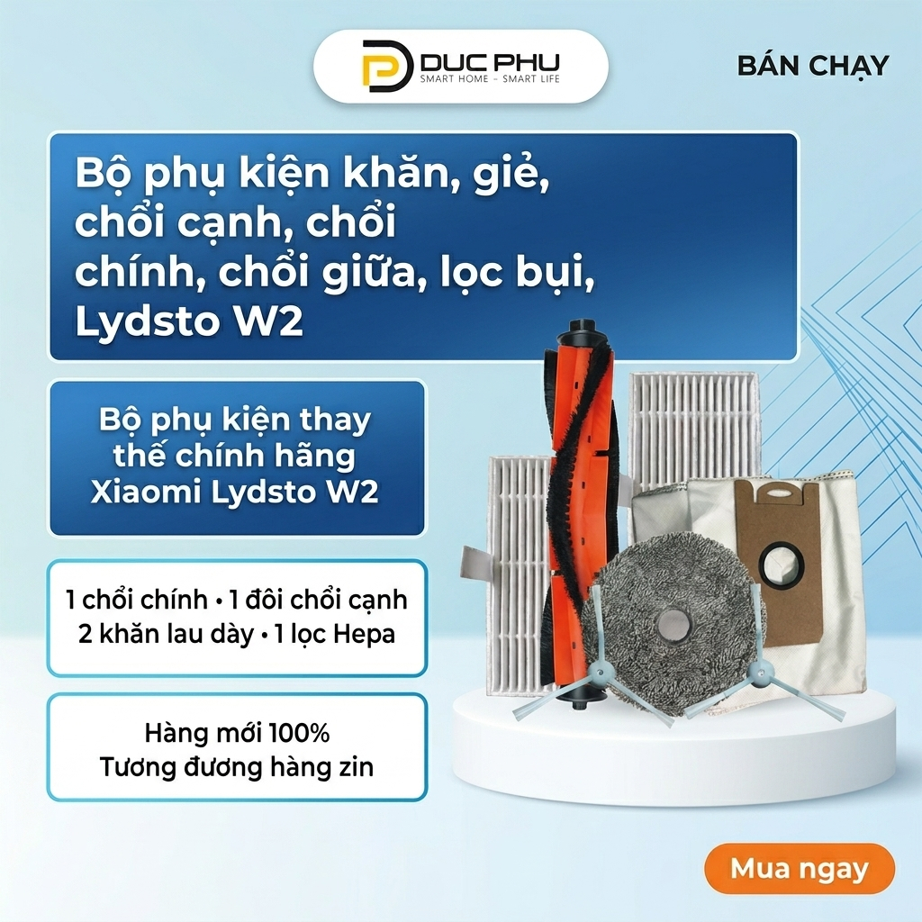 Bộ phụ kiện khăn, giẻ, chổi cạnh, chổi chính, chổi giữa, lọc bụi, Robot hút bụi Xiaomi Lydsto W2