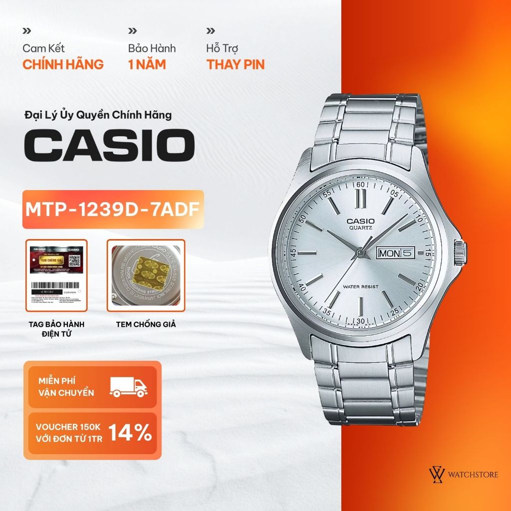 Đồng Hồ Nam Casio MTP-1239D-7ADF Màu Trắng Mặt Kính Khoáng 38.5mm Dây Kim Loại Kháng Nước Chính Hãng