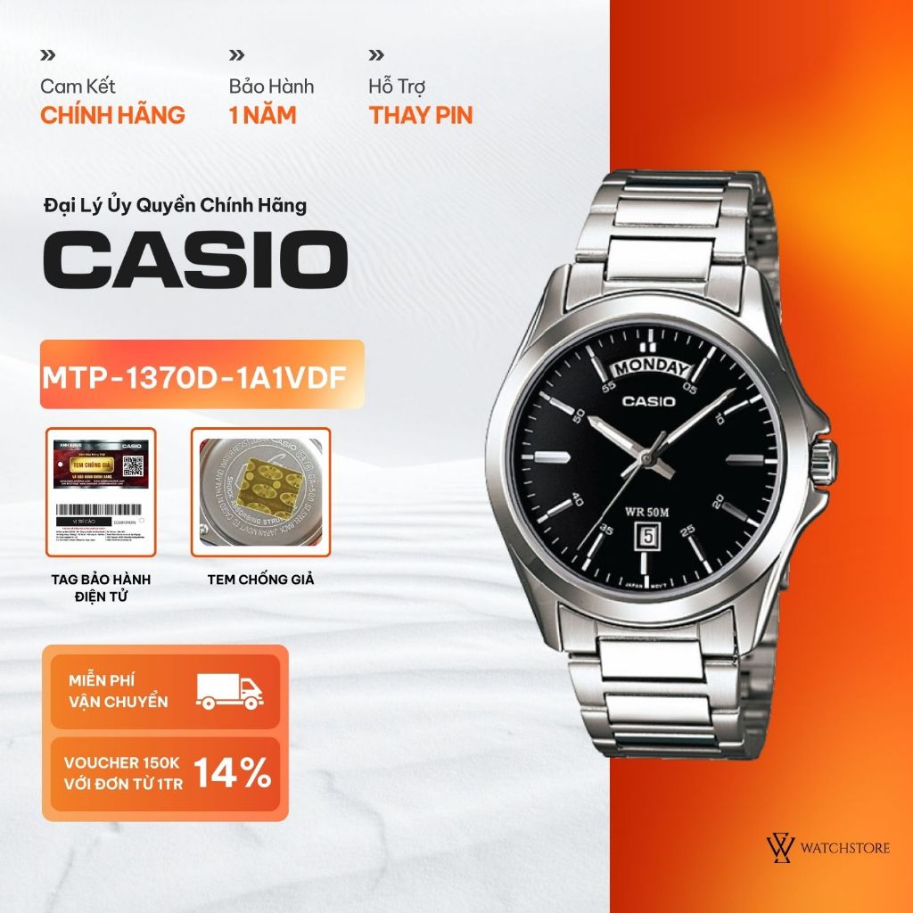 Đồng Hồ Nam Casio MTP-1370D-1A1VDF Màu Đen Mặt Kính Khoáng 39.8mm Dây Kim Loại Kháng Nước Chính Hãng