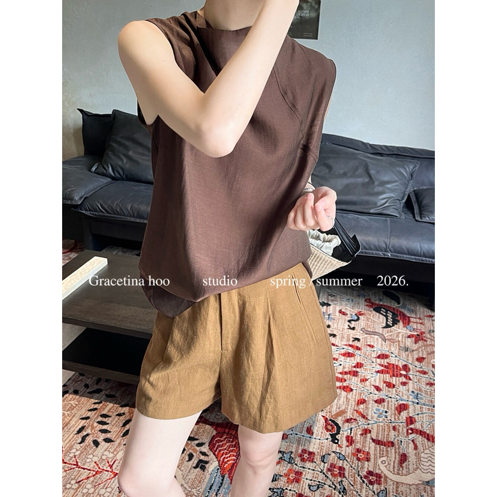 Tencel [GRACETINA HOO] 35% vải gai Tencel ramie của Pháp Quần short SẴN NÂU m