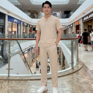 [Size 45-112kg] Bộ Đũi Nam Áo Cổ V Tay Ngắn Quần Dài Kẻ Sọc Chất Liệu Đũi Mát Form Suông Màu Sắc Thanh Lịch