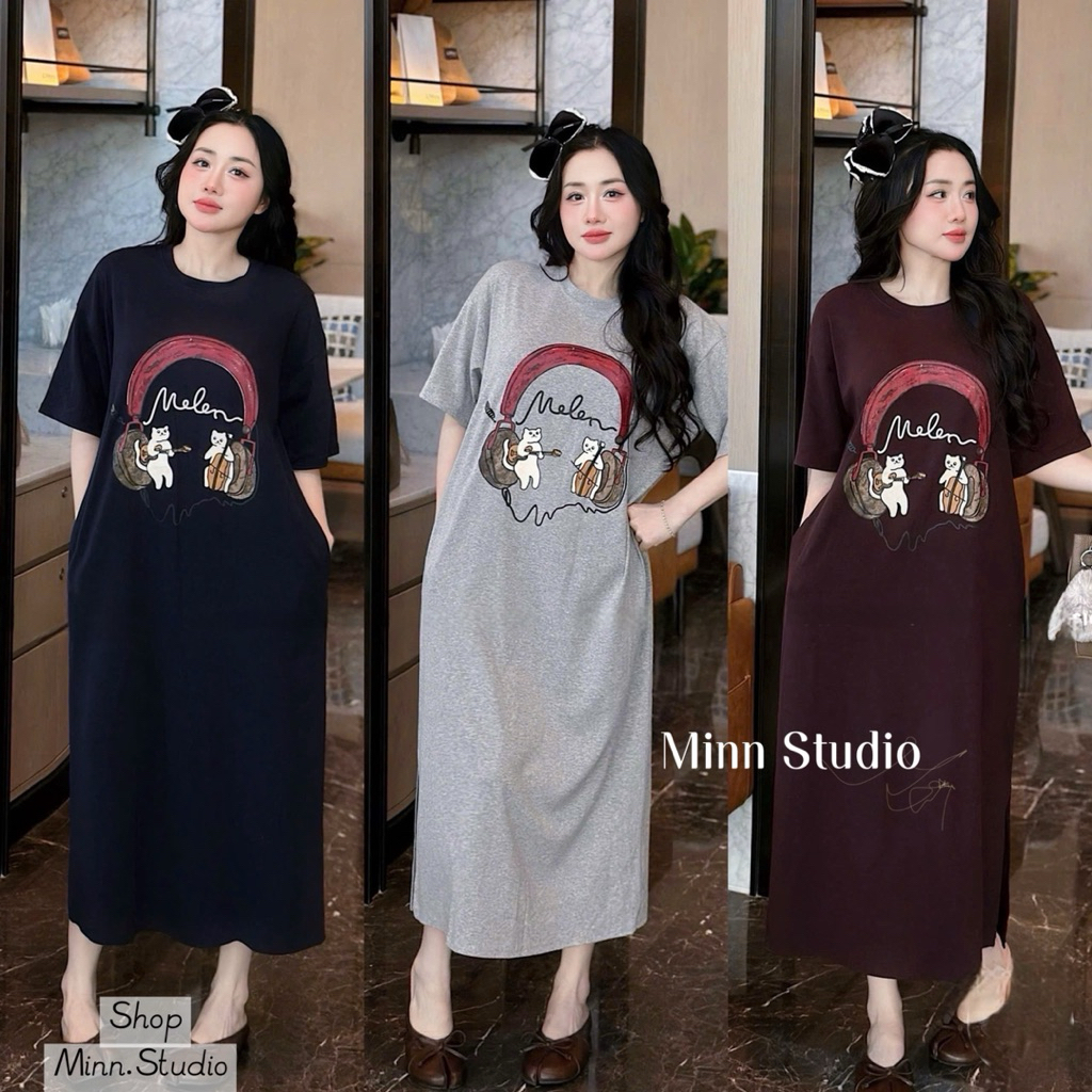 [Minn.Studio] Váy Thun Cotton In Mèo Tai Nghe. Chất Thun Mềm, Mát, Co Dãn Nhiều