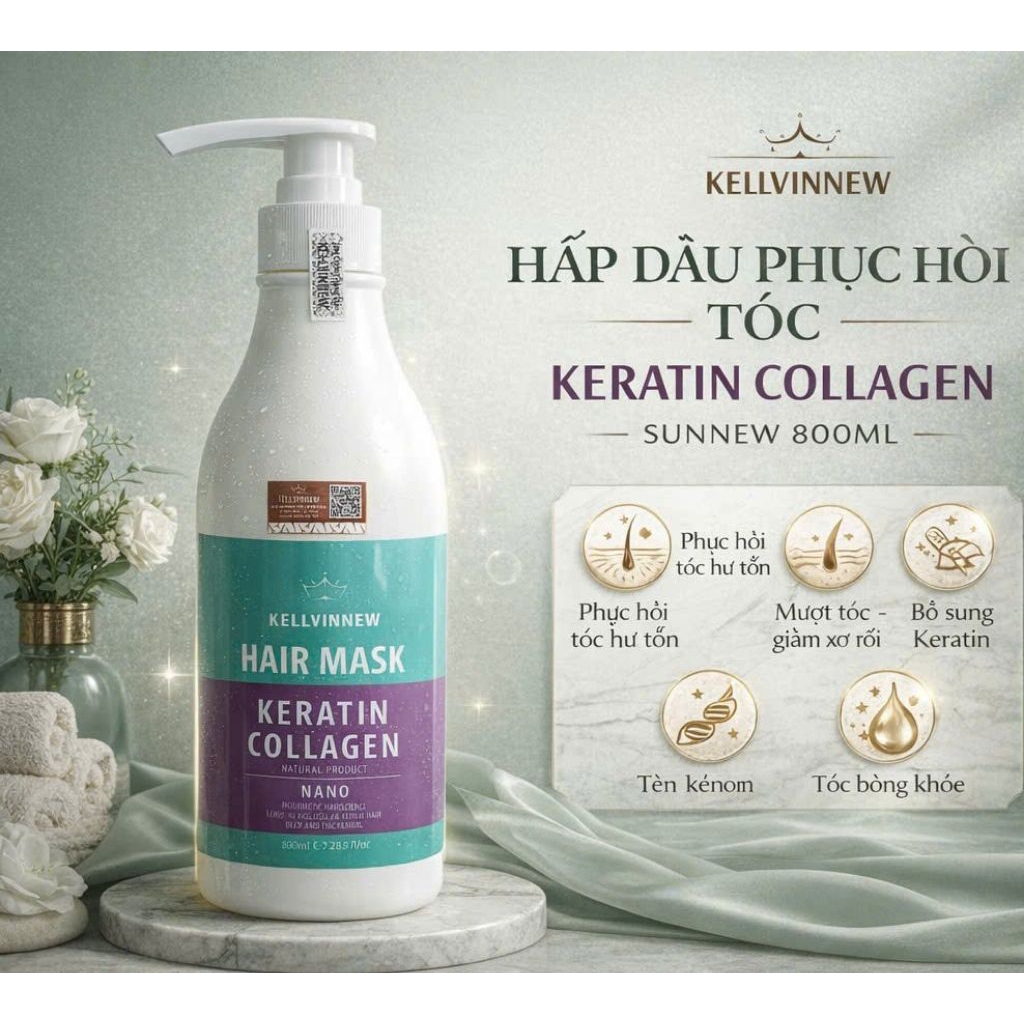 Hấp dầu phục hồi tóc hư khô sơ chẻ ngọn cao cấp collagen kerratin kellavinnew 800ml